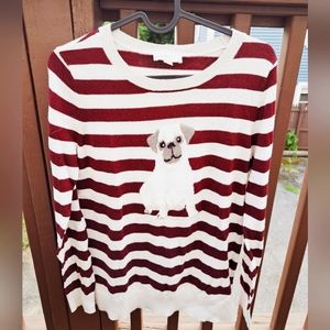 PUG Dog Theme Crewneck Sweater LOFT Cranberry/Burgundy & Cream Stripes Sz Small